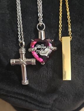 Cremation Jewelry. Choose One. Silver Cross, Pink Heart, Or Golden Bar.